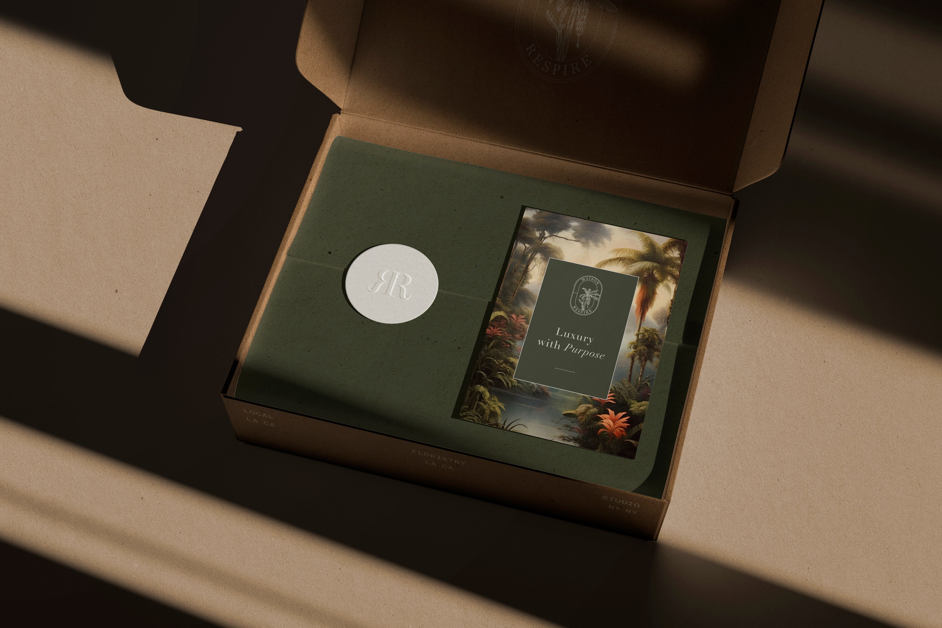 Open box with a green label and image of a building on a dark surface